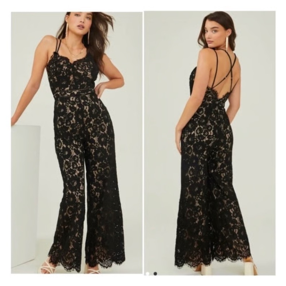 NWT Altar'd State Black Lace Jumpsuit with Wide-Leg Design